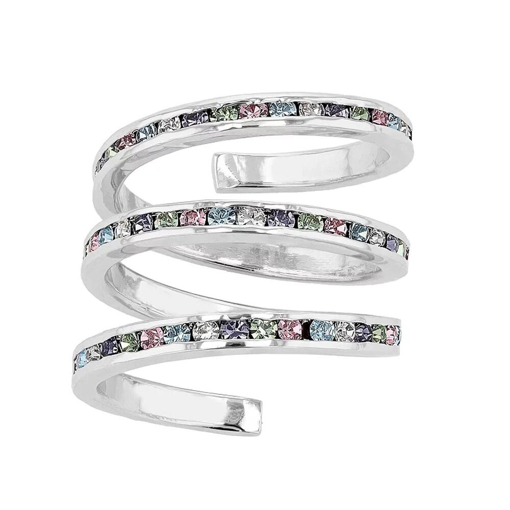 Silver Plated Colorful Crystal Accent Three Row Spiral Ring‎ - Size 7